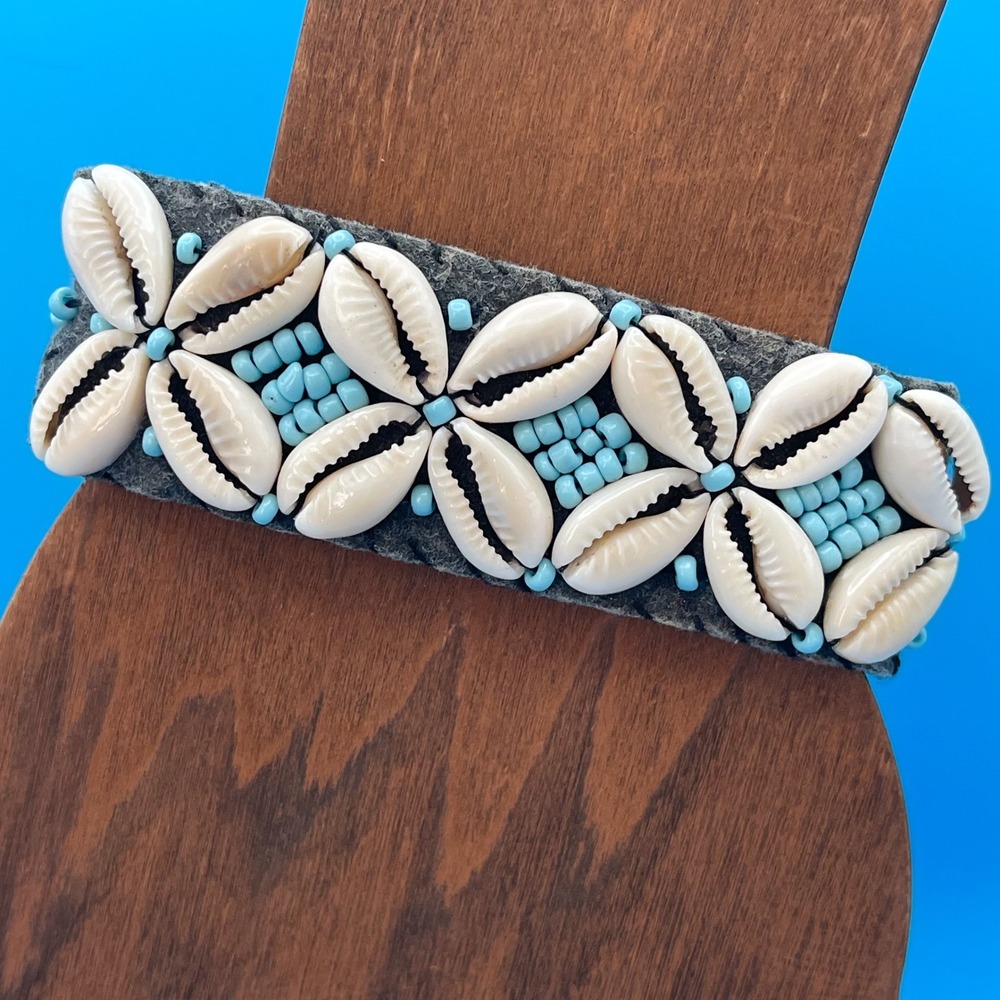 Handmade Cowrie Shell Beaded Cuff Bracelet Blue Gray Boho Beachy Coastal‎ Style